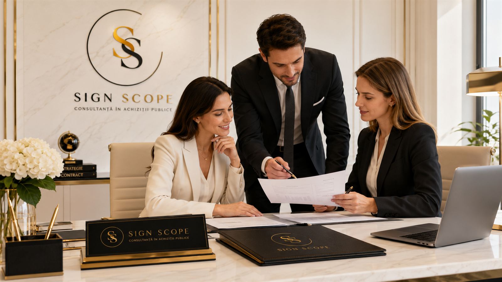 Echipa Sign Scope analizând documente de licitație